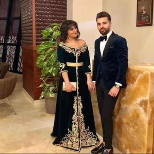 Moroccan Caftan Evening Dresses Black Velour Off the Shoulder Gold Lace Arabic Muslim Prom Gown Formal Informal Party Wear