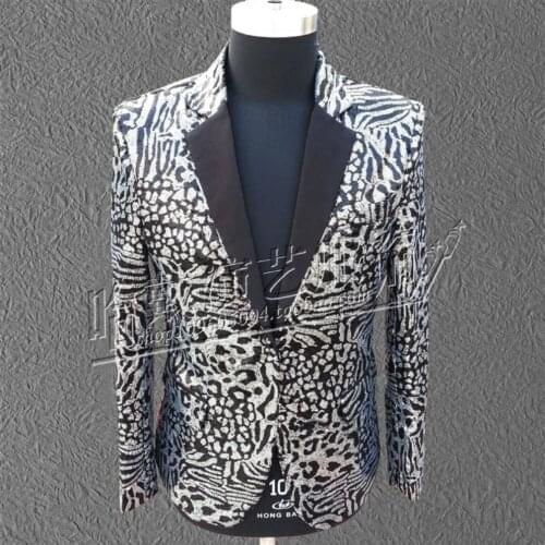 S-5xl New Men Leopard Sequins Suit Bar Nightclub Singer Dj Ds Sequined Self-cultivation Suit Plus Size Blazers Jacket Costumes