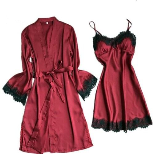 Daeyard Fashion Women Sexy Lace Silk Robe & Gown Set Nightdress And Robe 2Pcs Sleepwear Suit Bathrobe Nightwear Elegant Homewear