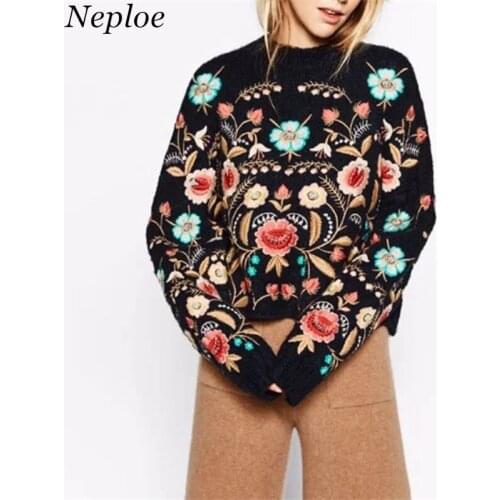 Neploe 2021 New Knitted Sueter Mujer Embroidery 3D Floral Sweater Women Autumn Winter Thicken O-neck Pullovers Heavy Work 68328