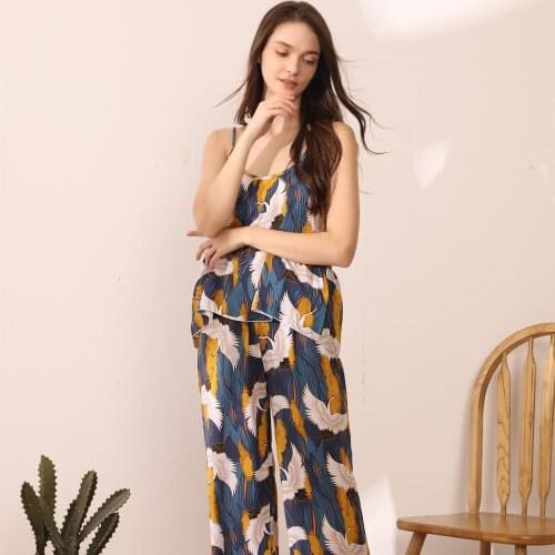 Summer 2021 New Womens Flower Printed Sling Pajamas Set Womens Cotton Simple Style Pajamas Large Size Soft Casual Home Wear