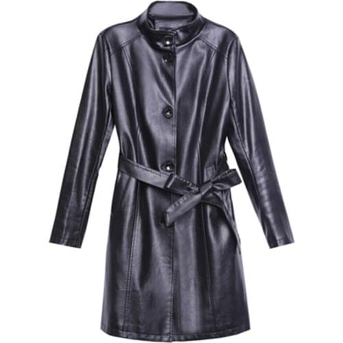 2021 New Arrivals Spring Autumn Womens PU Leather Coats Belt Winter Thick Lady Overcoats 7XL Plus Size Female Long Outerwear