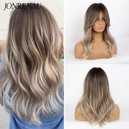 JONRENAU 16 Inches Synthetic Platinum Blonde Hair Long Natural Wave Ombre Brown Mixed Color Party Wigs for White/Black Women