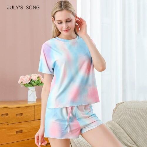 JULYS SONG Tie-dye Pajamas Sets For Women Casual O NecK Short Sleeve Tee Shirts Sleep Shorts 2020 Summer New Pyjama Homewear
