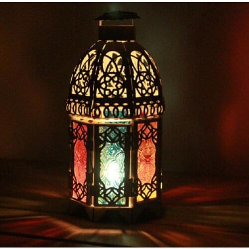 8.07in Moroccan Lanterns Hanging Candle Holders Metal Moroccan Indoor outdoor Tealight Candle Lanterns with Colored Glass