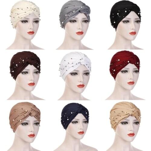 Casual Solid Color Muslim Hat Beads Braid Single Pearl Turban Caps Female Elastic Bandanas Headscarf Bonnet Female