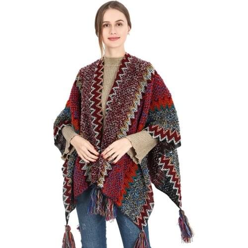 Retro Bohemia Knit Shawl Capes Women Ponchos Split Tassel Cloak Elegant Female Striped Cardigan Autumn Winter Lady Scarf