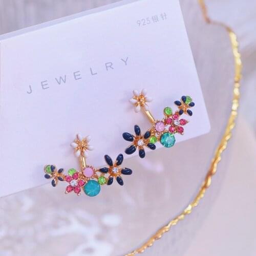Sweet Cute Korean Colorful Rhinestone Crystals Flowers Stud Earrings For Women Girls Gold Color Summer Jewelry Bohemia Earrings