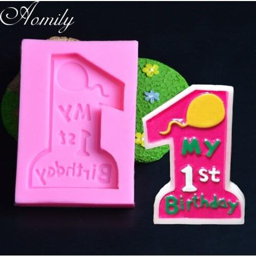 Aomily 1st Birthday Silicone Mold Baby Shower Party Cake Fondant Cookies Chocolate Baking Mould DIY Soap Candle Mold Decorating