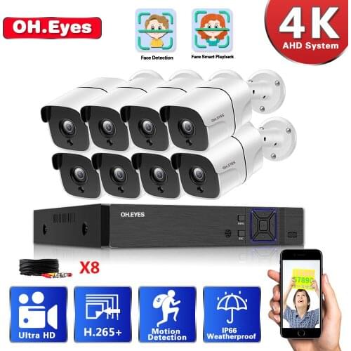 OH.EYES 8MP CCTV System 8CH HD-TVI Network DVR with 4/8* 8.0MP HD Outdoor Home Security Face Playback Camera System Kit ONVIF