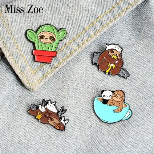 Sloth Spirit Enamel Pin Custom Cartoon Cactus Panda Cats Brooches Badge for Bag Lapel Pin Buckle Animal Jewelry Gift for Friend