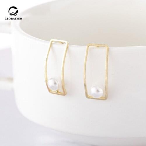 Tibetan Silver needle New earrings Net red temperament Geometric pearl earrings Female personality student design earrings 162