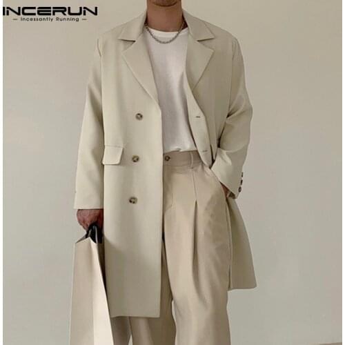 Fashion Men Trench Lapel Double Breasted Long Sleeve Solid Color Coats Streetwear 2021 Loose Casual Men Long Windbreaker INCERUN