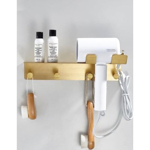 Bathroom Shelf Brass Multifunctional Corner Shelf Shower Rack Hair Drier Holder Bolt Inserting Type With Hooks Bath Hardware