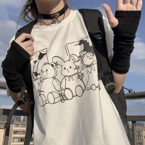 Japanese kawaii rabbit cute bear cartoon tees cotton T-shirt Harajuku tops sweet short-sleeved letter casual Ulzzang T-shirt