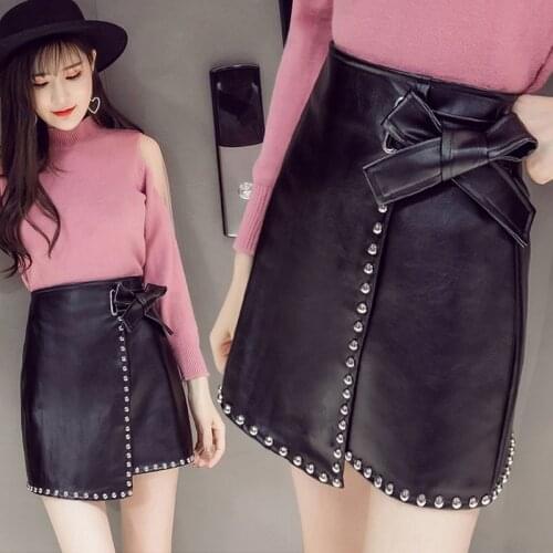High waist pu leather skirts women Rivet a-line mini skirt Autumn streetwear summer black skirts short students dress
