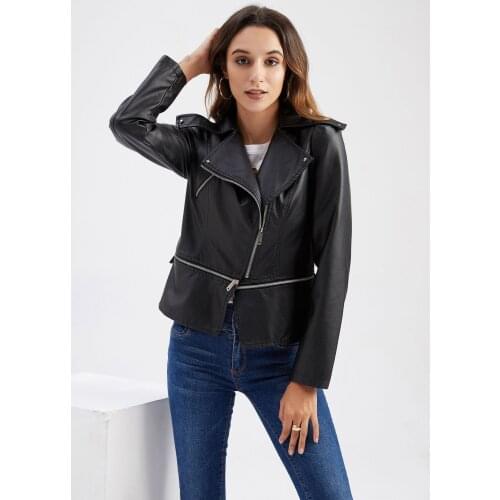 Womens PU Leather Jacket Hem Detachable Spring Autumn Moto Biker Jackets for Ladies Fashion Casual Coats Outerwear TD06