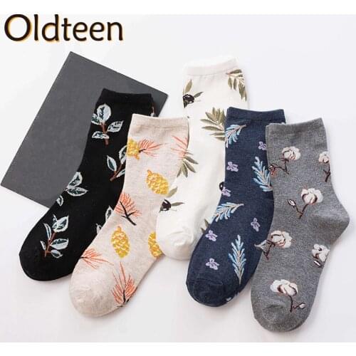Women Socks New Fashion Cartoon Flowers Plant Kawaii Funny Cute Personality Ins Tide Cotton Crew Long Socks Warm Soft Girl Gifts
