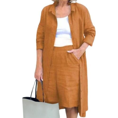 Women Outfit Set Pocket Chic Solid Color Knee Length Shorts Shirt Coat Set