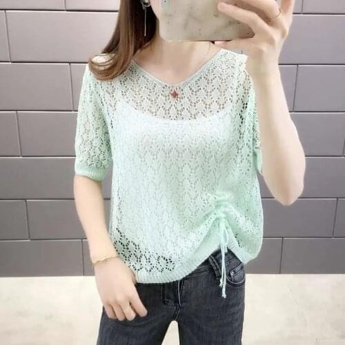 2021 New Hollow Drawstring Knit Short-sleeved Short Sweater Spring Autumn Outer Blouse Loose Korean Sunscreen Clothing For Women