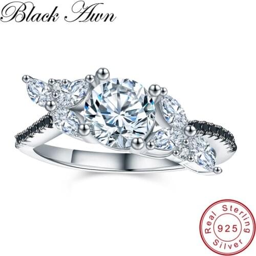 [BLACK AWN] 925 Sterling Silver Jewelry Trendy Engagement Rings for Women Black Spinel Wedding Ring Femme Bijoux Bague C007