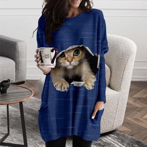 V neck dress 2021 Oblique shoulder Women Cat Print Long sleeve Tshirt dress Loose Casual Pockets Beach Party Femme Vestidos