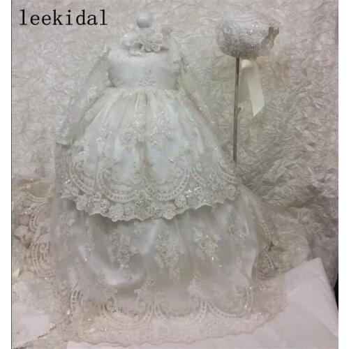 Sequined Tulle Lace Appliqued Kids Birthday Gown Long Christening Dresses For Baby Girl With Long Sleeves Baptism Gown Bonnet