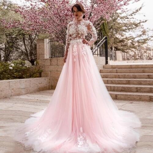 3d Flowers Boho Pink Tulle Wedding Dress Romantic Long Sleeves Bridal Gown Floral Lace Wedding Gown vestido noiva sereia