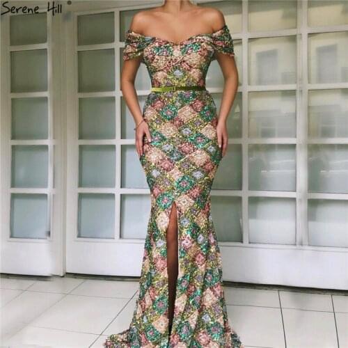 2020 Dubai Long Sequins Mermaid Front Slit Evening Dress off shoulder Sparkle Evening Gowns Serene Hill DLA60804
