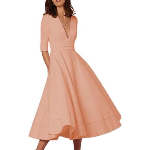 2020 Pink Autumn Winter Sexy Deep V Half Sleeve Dress Long Dress Fashion Long Dress Elegant Party Dresses Loose Vacation Dress