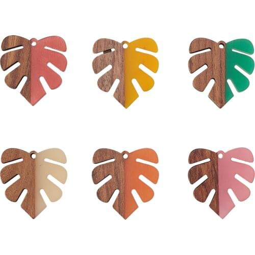 30pcs/box Resin Natural Wood Charming Pendants Monstera Leaf Wooden Charms for DIY Craft Earring Jewelry Making Findings in Bulk