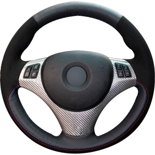 Black Natural Leather Black Suede Car Steering Wheel Cover for BMW E90 320i 325i 330i 335i E87 120i 130i 120d