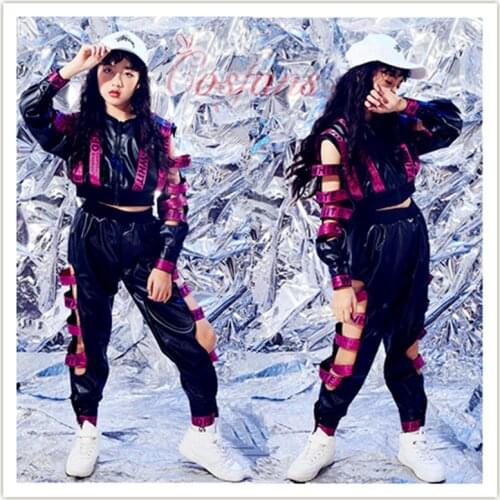 ChildrenS Jazz Dance Costume Girls Hip Hop Black Pu Leather Kids Street Dancing Performance Tide 2 Pcs Set girls dance clothes