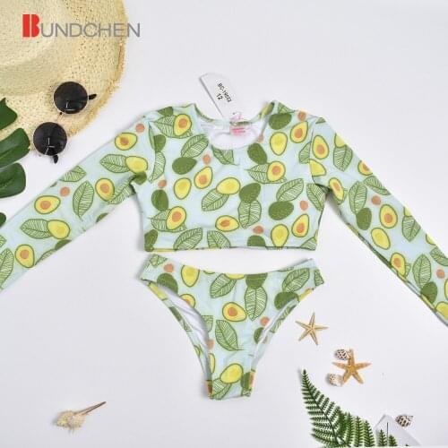 Fashion Beautiful Girls' Swimwear Long Sleeve Floral Fruits Print Exposed Navel Kids swimsuit Two-Piece Girls Swimsuit