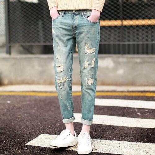 Spring and summer 2021 new products Korean Slim Harlan retro Japanese mens ankle length denim jeans ripped holes pencil pants