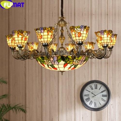 FUMAT Tiffany Style Multi Heads Pendant Lamp Antique Luxourse Stained Glass Deluxe Chandeliers Art Handcraft Decor Hanging Light