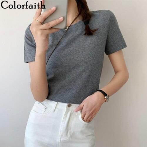Colorfaith New 2021 Women Summer T-shirt Bottoming Basic Soild Fashionable Minimalist Style Wild Lady White Oversize Tops T6104