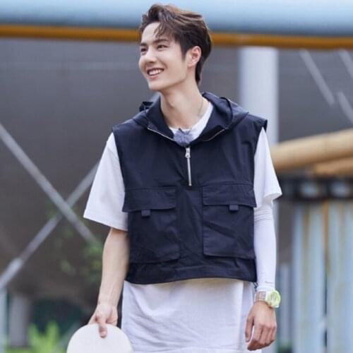 Hip Hop Costumes Men Street Dance Clothing Black Hooded Vest Shawl Coat Jazz Dancer Stage Wear Team Performance Outfit DN5364