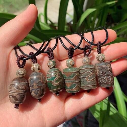 Retro Natural Tibetan Dzi Agates Pendant Necklace Lotus Tiger Teeth Nectar Grey Green Agat Stone Necklace for Women Men Healing