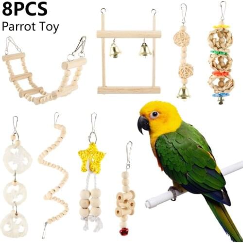 8pcs Bird Cage Toy Parrot Hanging Bite Toys Swing Hanging Chewing Bite Bridge Wooden Beads Training Climbing Pet Bird Toys