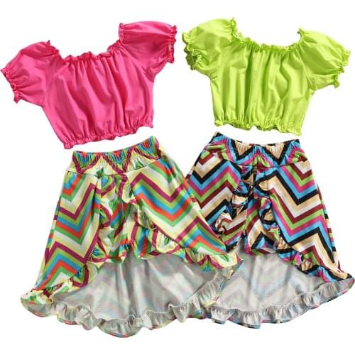 Baby Girls Clothes Set, Solid Color Short Puff Sleeve Cropped Tops + Printed Irregular Hem Skirt 1-6T