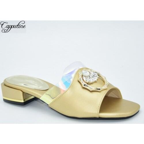 Gold Lady Slippers African Casual Medium Heel Shoes For Lady 86-6 Heel Height 4CM