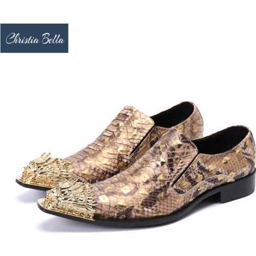 Christia Bella Fashion Print Men Real Leather Shoes Metal Pointed Toe Man Shoes Big Size Wedding Dress Shoes Business Footwear