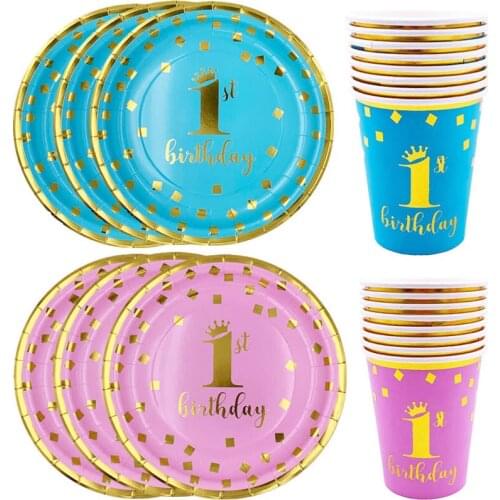 Pink Blue Disposable Tableware 1st Birthday Party Decor Kids Birthday Paper Plates Cups One Year First Birthday Girl Baby Shower