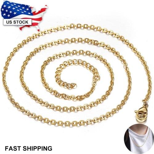 2mm Stainless Steel Necklace Choker for Men Women Rolo Cable Link Chain Gold Color Jewelry 18inch w 2inch extension Link LKN641