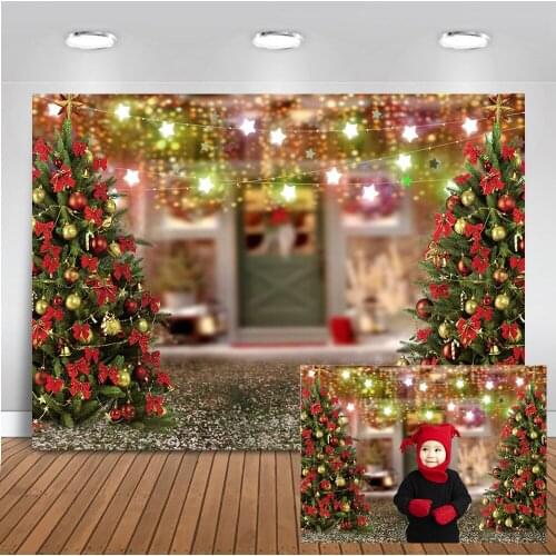 Christmas Party Decoration Backdrop Merry Christmas Star Lights Background for Portrait Christmas Tree Jingle Bell Photography
