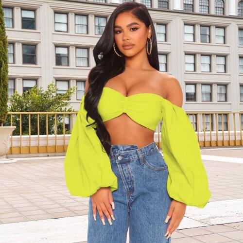 Off The Shoulder Long Lantern Sleeve Cropped Top Women Fashion Slash Neck Backless T-shirts Streetwear Beachwear Party Tops