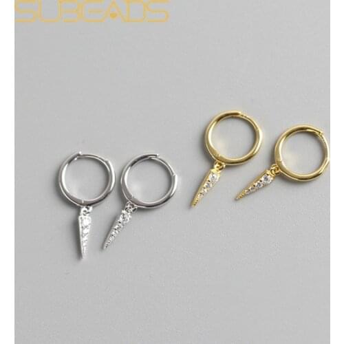 Subeads Real 925 Sterling Silver Dangle Hoop Crystal Thin Ear Clip Earrings For Women Girls Geometric Triangle Clip Jewelry