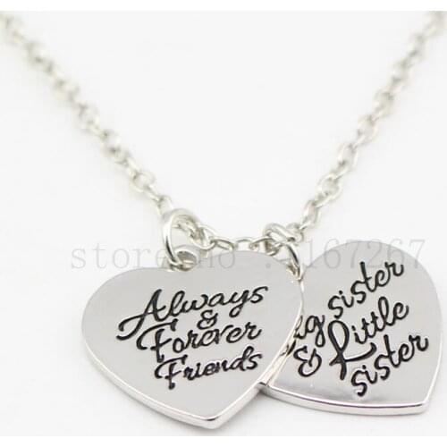Sister Jewelry " Big Little Sister Always Forever Friends "Double Pendant Necklace Two Heart Necklaces for Women Girl