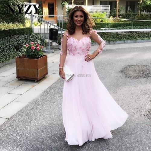 Sheer Long Sleeves Rosettes Chiffon Elegant Mother of the Bride Groom Dresses 2020 NYZY M276 Pink Formal Evening Gown